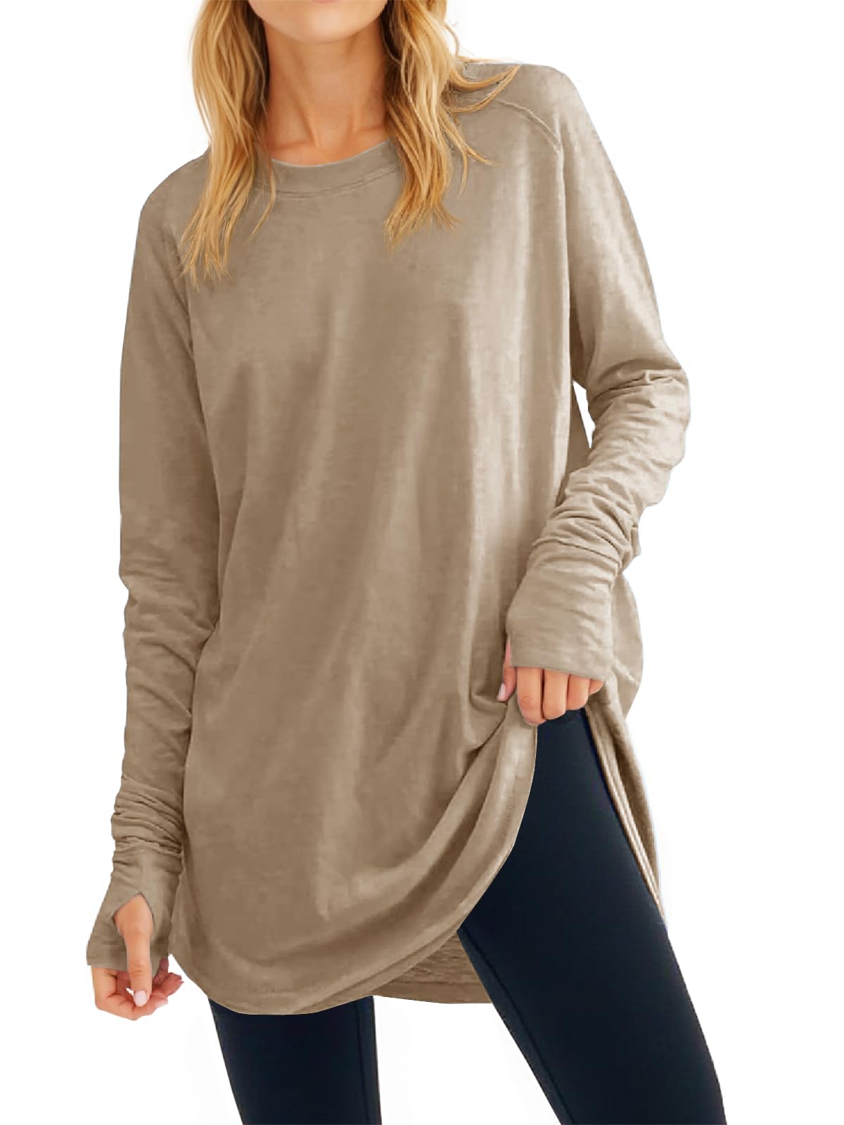 Fisoew Women's Casual Long Sleeve Tops Crew Neck Round Hem Loose T-Shirts Tunic Tops with Thumb Holes