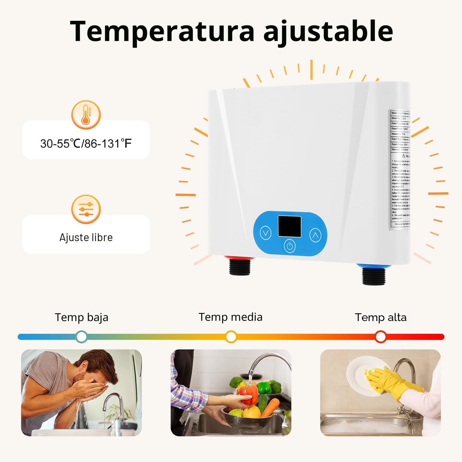 Calentador de Agua Electrico, 5.5kW Calentador de Agua Electrico Instantaneo, Termo Eléctrico con Temperatura Regulable 30-55°C y Control Táctil, IPX4, Para Cocina, Bar o Baño (Blanco)