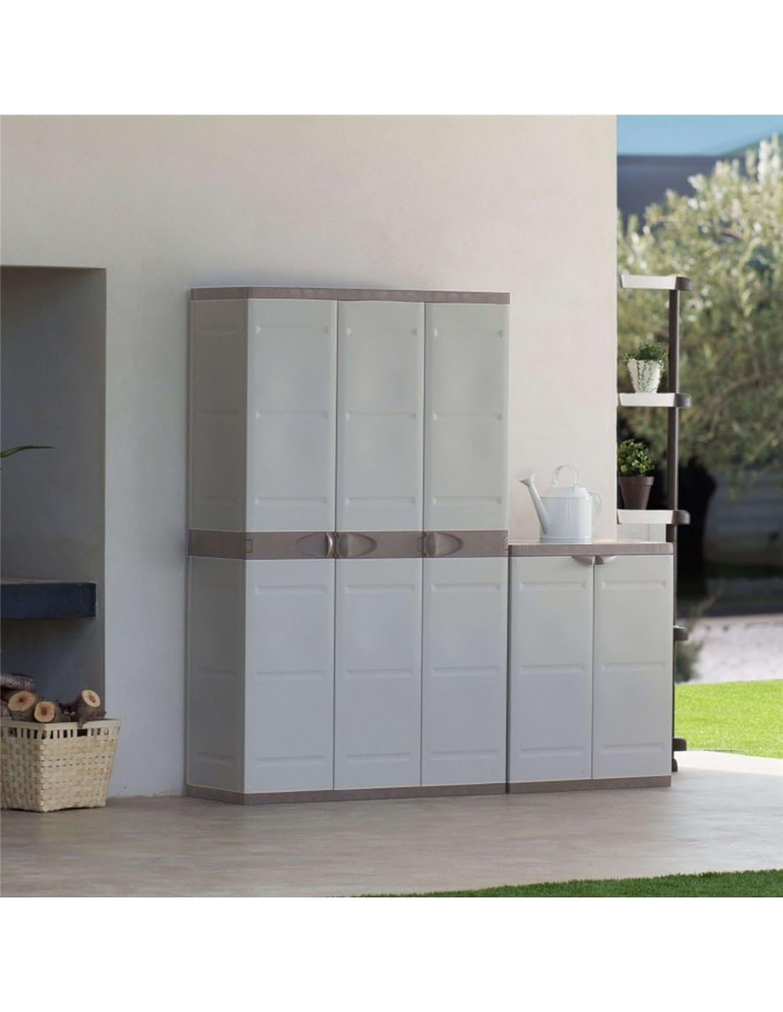 Jardin202 - Armario de Resina con Escobero | 3 Puertas y 4 Estantes | Almacenaje Exterior | Titanium Beige o Negro | 105x44x176 cm | (Beige)