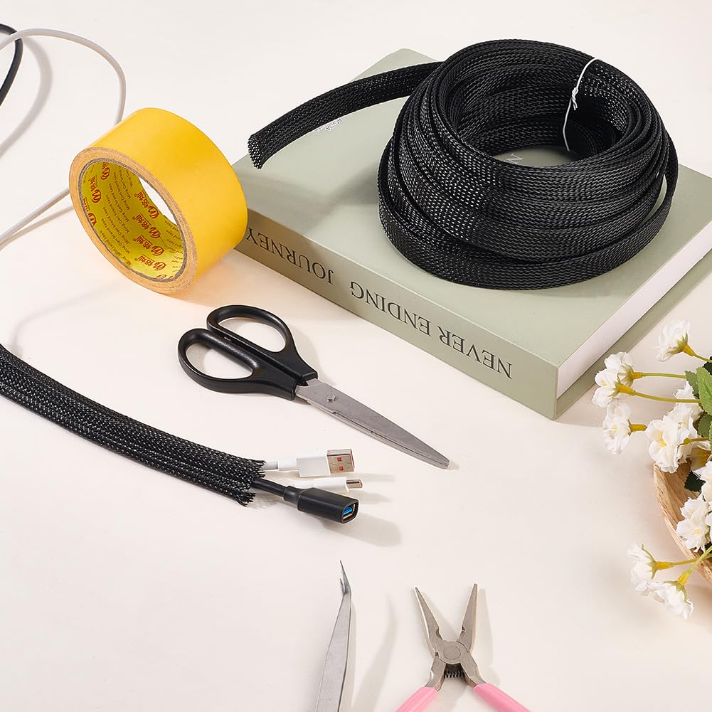 CABODYALS 2 Styles 20M Black Mesh Wire Cover Ribbon Decor Protector Loom Tubing Cable Wrapping Sleeves Polyester Covering Braid Ribbons for Home Kitchen Theater Tv Computer Diy Crafts Supplies - Image 3