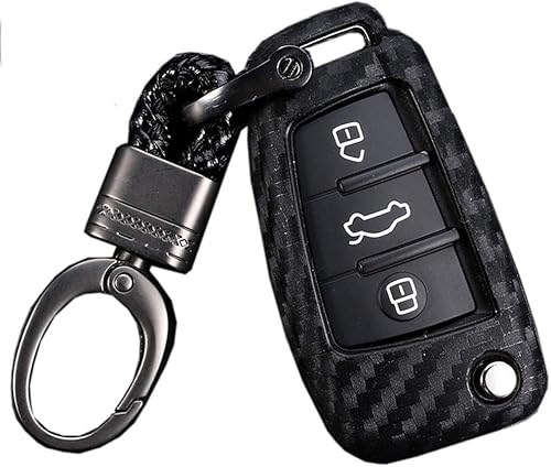 ROYALFOX (TM Luxury 3 Botones Soft Carbon Fiber Flip Remote Key Fob Funda para Audi A1 A3 A4 A5 A6 Q2 Q3 Q7 TT S3 R8 Accesorios, con llavero (fibra