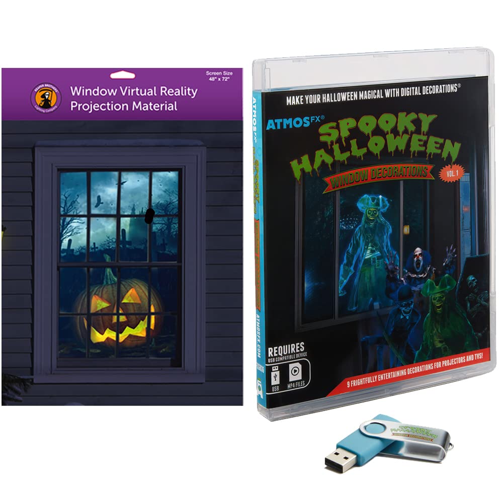HoliScapesReaper Brothers Spooky Halloween Digital Decoration Kit Includes 9 AtmosFX Video Effects for Halloween Plus 48” x 72” Holographic Projection Screen
