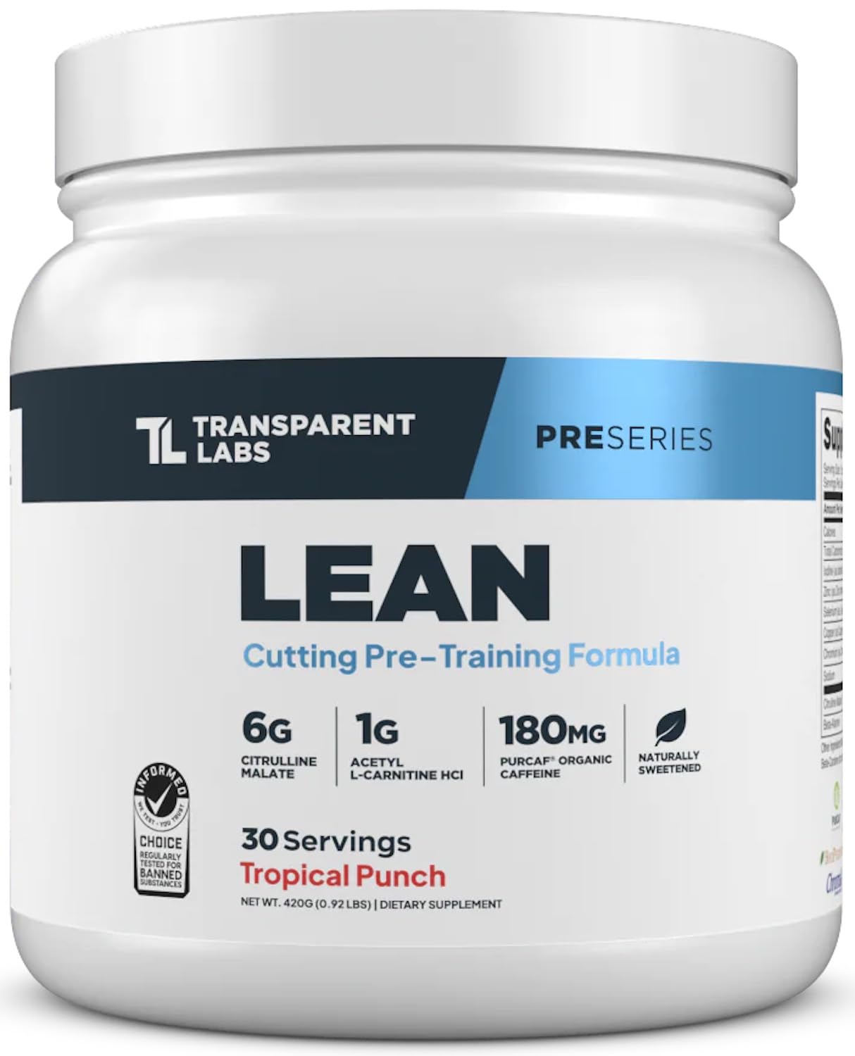 Transparent Labs Lean Pre-Workout - Body Recomposition Pre Workout for Men and Women with Acetyl L-Carnitine, Beta Alanine Powder, & PurCaf Organic Caffeine Powder - 30 Servings, Tropical Punch