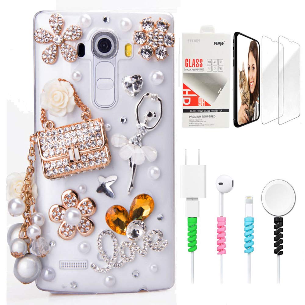 STENES Bling Case Compatible with LG Stylo 5 / Stylo 5V / Stylo 5 Plus - Stylish - 3D Handmade Sparkle Ballet Girl Bag Pearl Pendant Flowers Love Cover with Screen Protector & Cable Protector - Clear