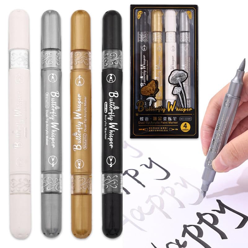 SAMVARDHAN Dual Tip Metallic Acrylic Paint Markers Set (4 Colors) – Gold, Silver, White & Black | Brush & Chisel Tip Pens for Rock Painting, DIY Crafts, Card Making, Glass, Wood & Fabric-image-21