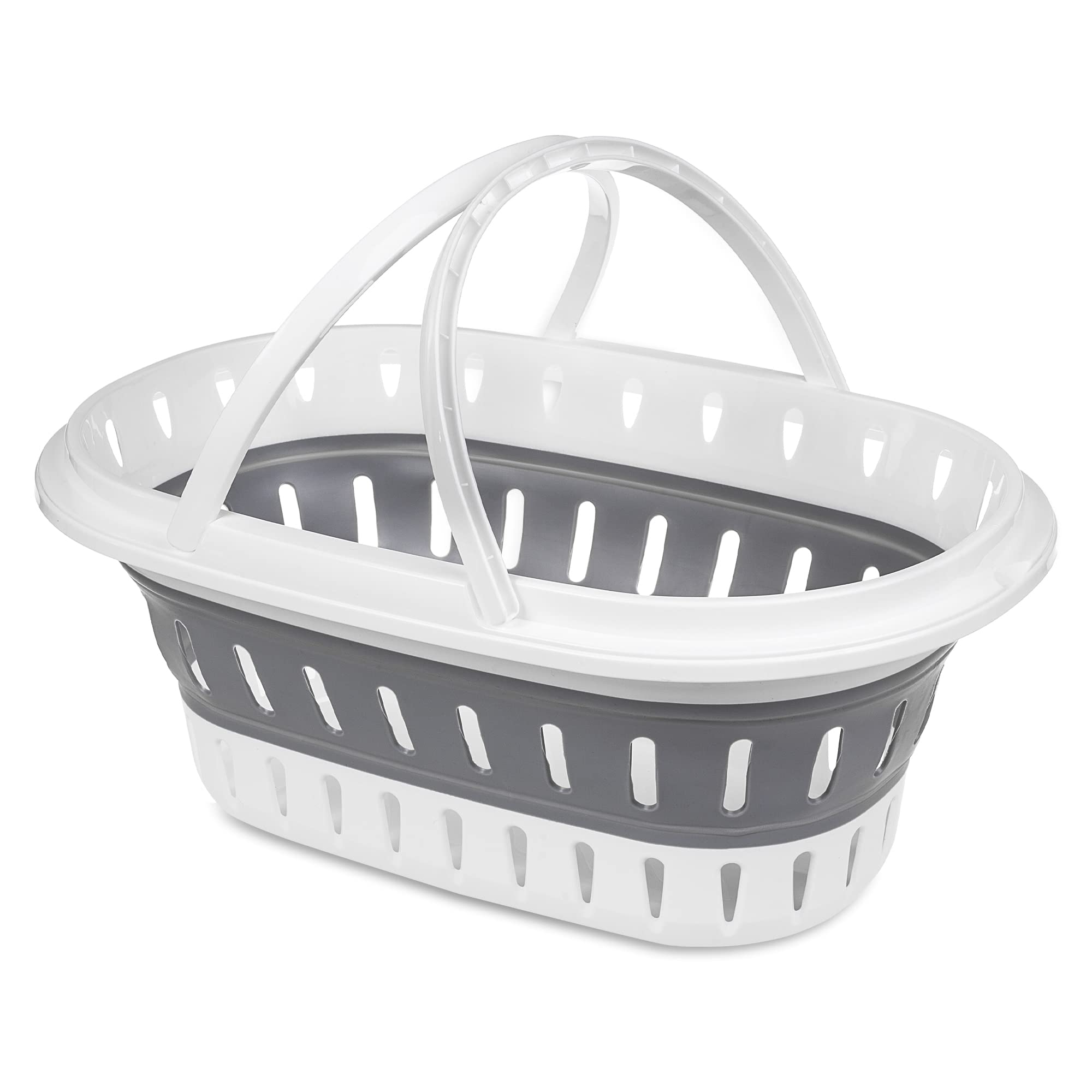 Albert Austin Oval Collapsible Laundry Basket | Plastic Washing Basket | Fold Flat Laundry Basket With Handles | Clothes Organiser Bin | Space Saving Kitchen Basket | Clothes Basket Grey