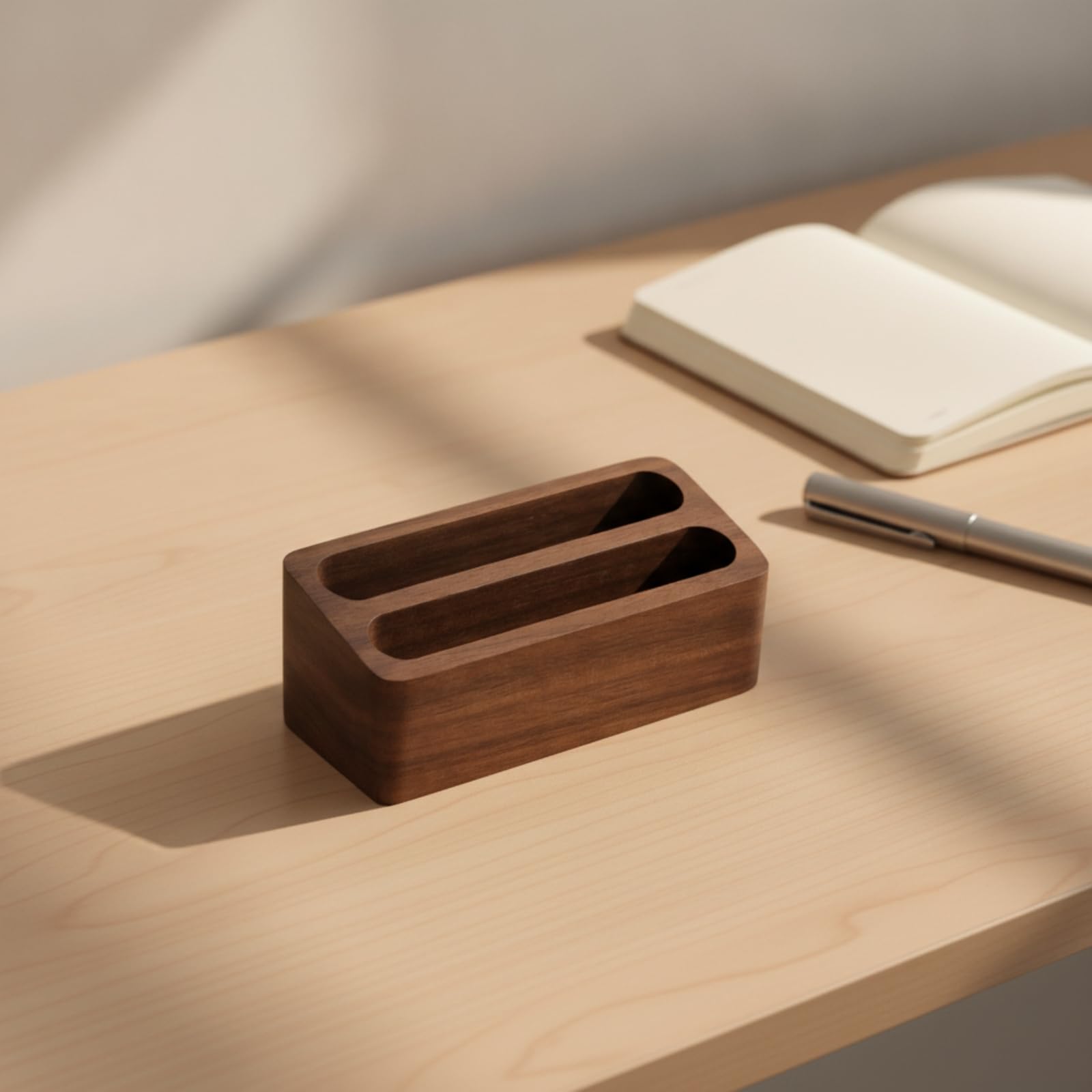 Porte-Cartes Visite En Bois Sobre | Finition Mate, Profeionnel, Présentoir, pr Bureau, Réception, Noix, Rectangle 4 Fentes