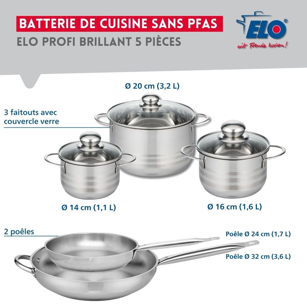 Elo Kochgeschirr-Set, 2 Pfannen 24/32 cm, 3 Kochtöpfe 14/16/20 cm | Komplettes Kochgeschirr, 5-teiliges Set, 2 Pfannen 24 und 32 cm, 3 Kochtöpfe 14, 16, 20 cm, Edelstahl, induktionsgeeignet