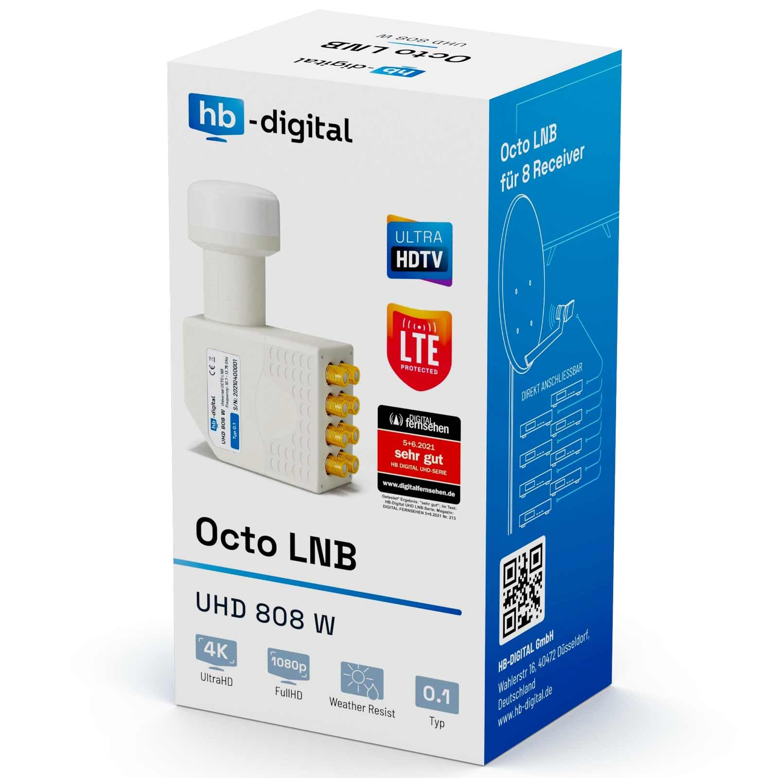 HB-DIGITAL Octo LNB LNC 8 participantes Direct Full HD TV 3D 4K UHD + contactos chapados en Oro + protección climática (Extensible) con 16 F-Plug chapados en Oro Gratis