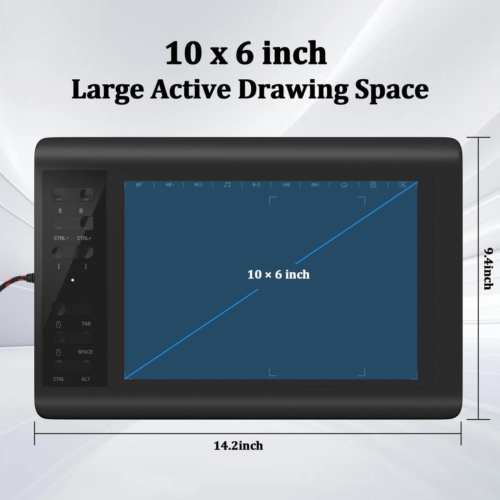IMAGE Grafiktablett 10 x 6 Zoll große aktive Fläche mit 8192 Stufen batterielosem Stift und 12 Schnelltaste, kompatibel mit Windows/Mac/Android für Malerei, Design & Online-Unterricht, Schwarz