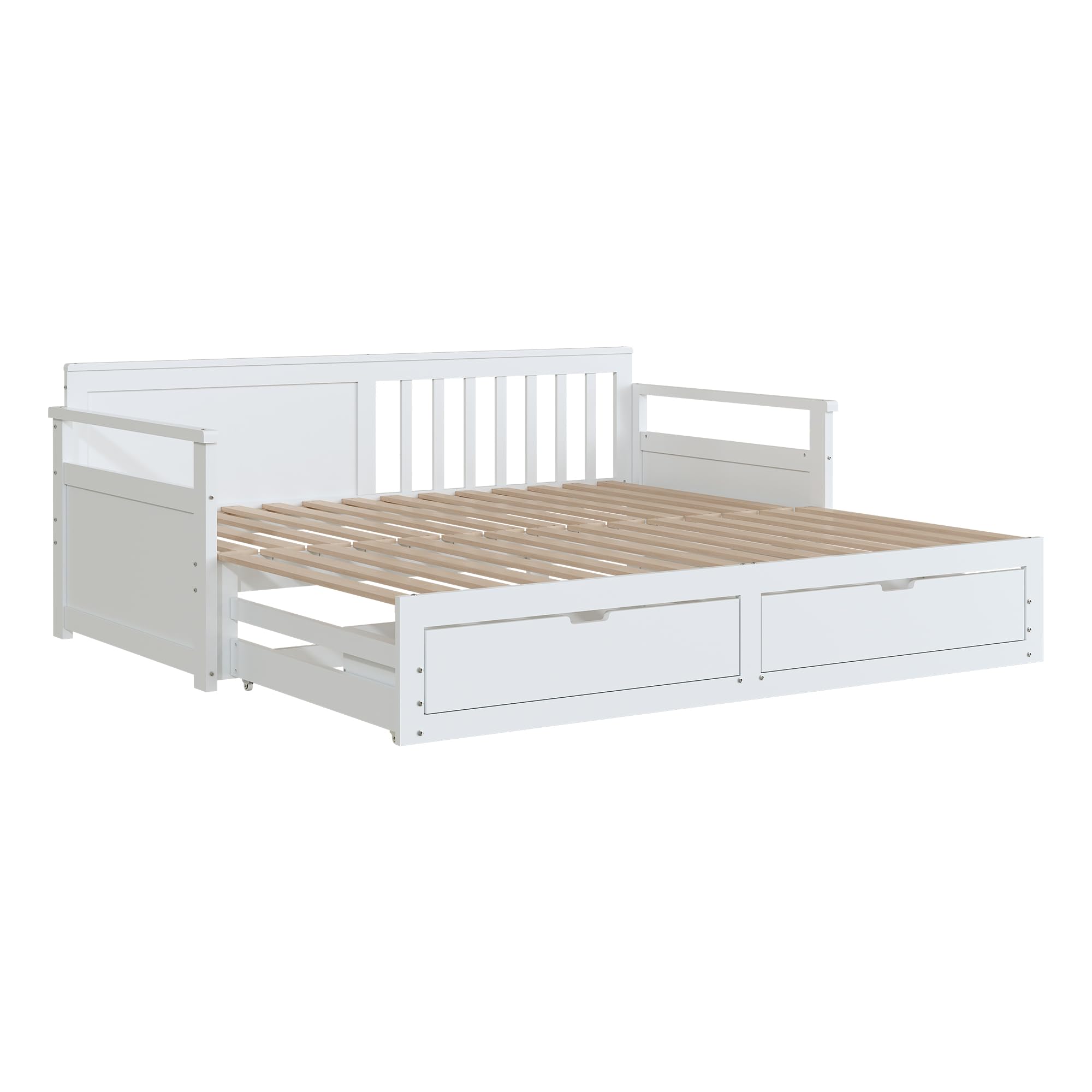 Cama de día multifuncional dos-en-uno 90 (180) x 190 con somier de pino, cajones y cama nido (Blanco)