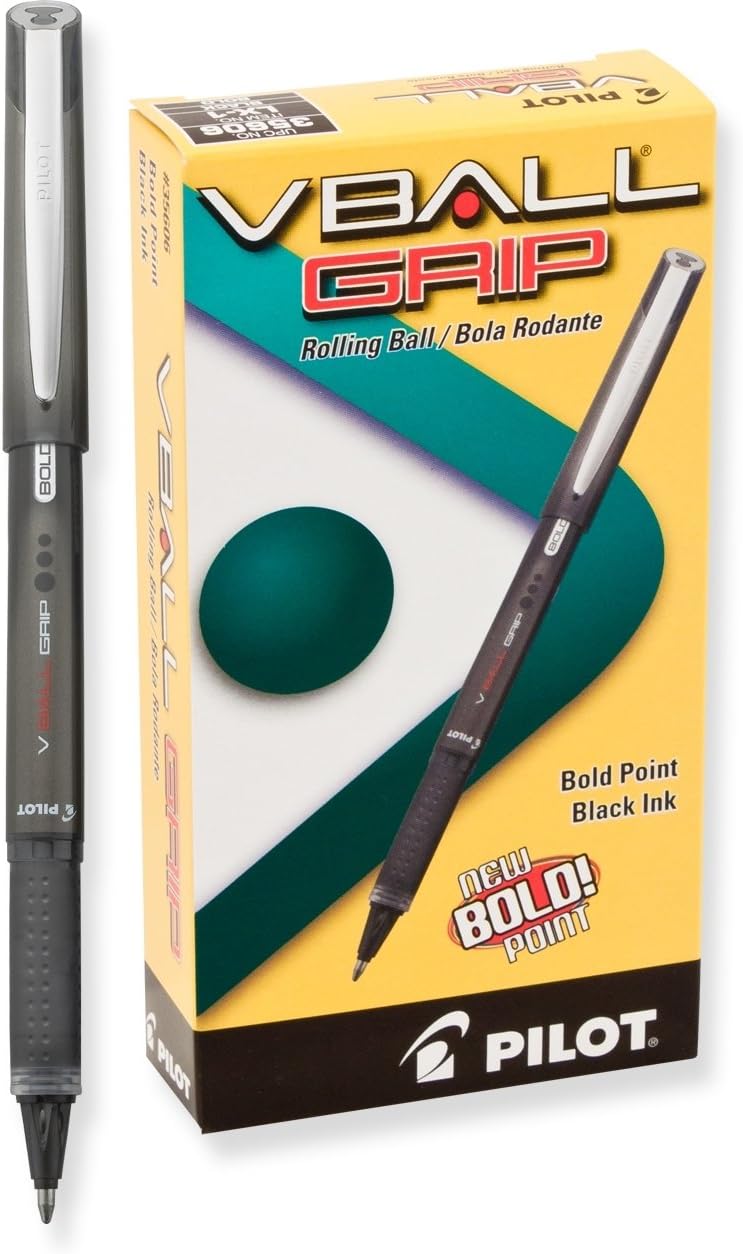 PILOT VBall Grip Liquid Ink Rolling Ball Stick Pens, Bold Point, Black Ink, 12-Pack (35606)