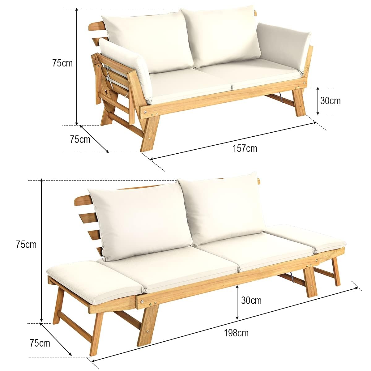 KOMFOTTEU Divano Esterno Giardino 2 Posti, 2 in 1 con Cuscino Morbido, Divanetto da Esterno in Legno di Acacia con Braccioli Regolabili, Sdraio per Terrazza e Cortile, 198/157 x 75 x 75 cm (Bianco)