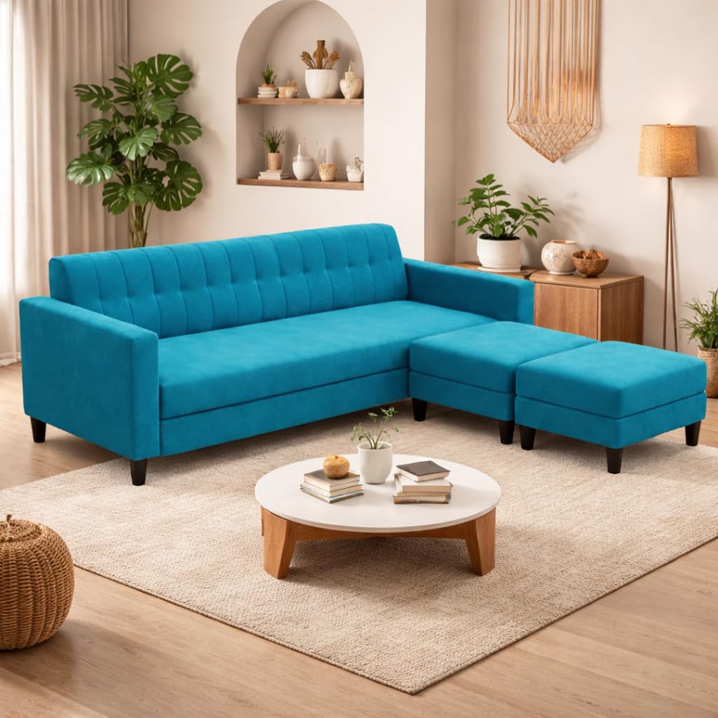 Annabelle Revora Luxe Velvet-Suede Fabric 4 + 2 Sofa Set with Ottomans | Comfortable & Spacious Seating | Modern Sofa Set for Living Room – Aqua Blue