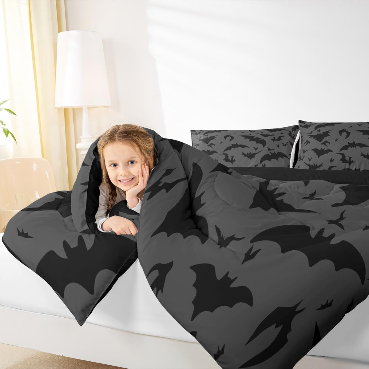 Homewish Bats Pattern King Size Comforter Set,Kids Night Decor All Season Bedding Set,Teens Bats Comforter,Girls Black and Gray Decor Quilt Set Bedroom Collection 3Pcs