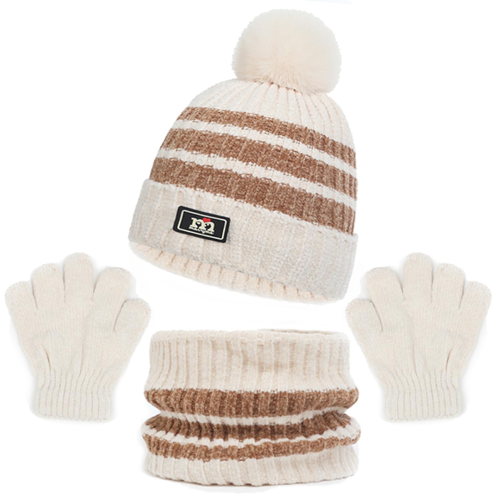 Ensemble Bonnet Écharpe Gant Garçon Et Fille 3 En 1 Bonnet Enfant Hiver Tricoté Avec Pompon