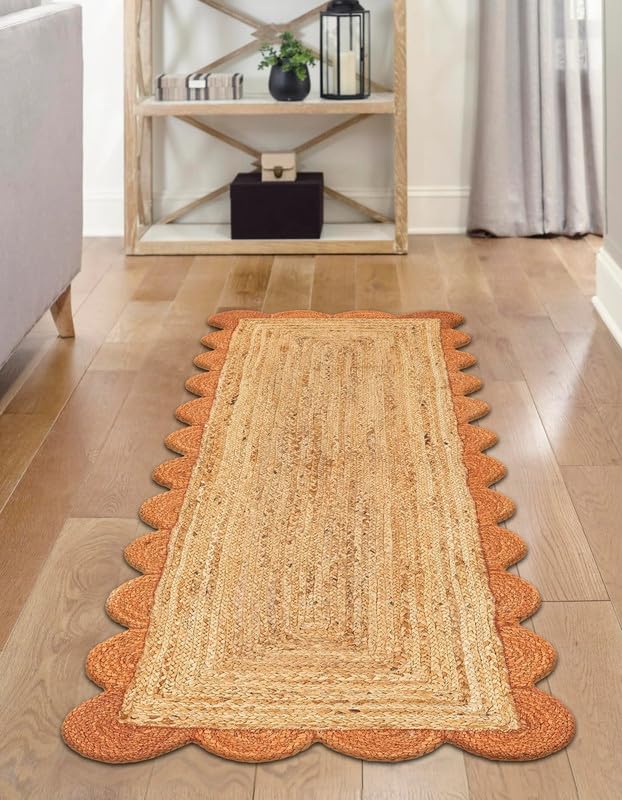 Tapis festonné en jute naturelle tressé à la main pour salon, chambre à coucher, entrée – Décoration d'intérieur bohème – Orange et jute naturelle – 7,8 x 1,2 m