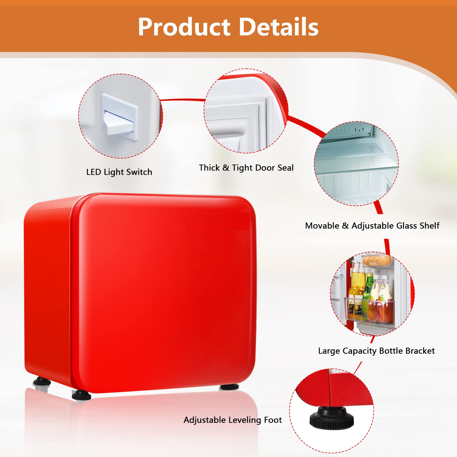 COSTWAY Mini Fridge, 42L/68L Compact Table Top Refrigerator with LED Light, Adjustable Thermostat, Reversible Door and Removable Glass Shelf, Home Dorm Drinks Wine Refrigerator (42L, Red) — view 5