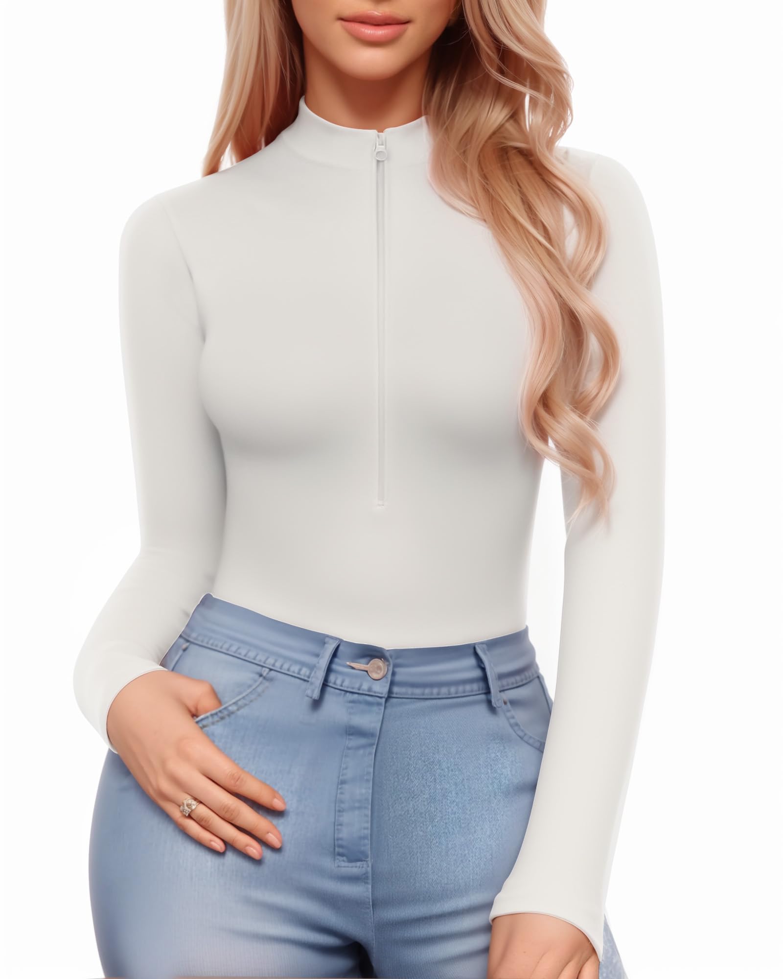MANGOPOP Body de manga larga con cremallera frontal para mujer, cuello alto y cuello en V, B Manga Larga Blanco-1, XXL