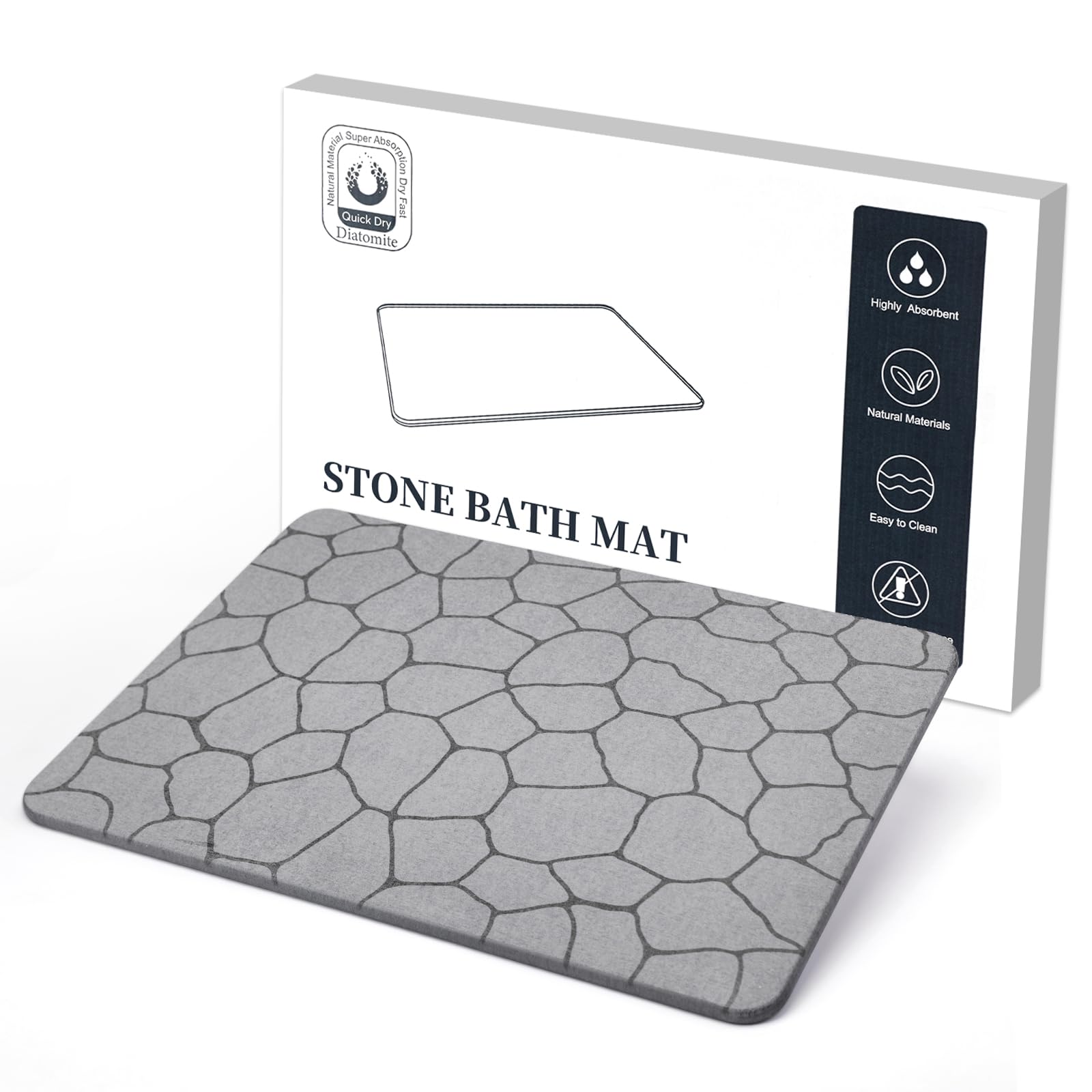 Stone Bath Mat - Diatomaceous Earth Shower Mat, Non-Slip Diatomite Stone Bathmat, Super Absorbent Quick Drying Bathroom Floor Mat, Easy to Clean (23.6 x 15.4 Darkgrey Cobblestone)