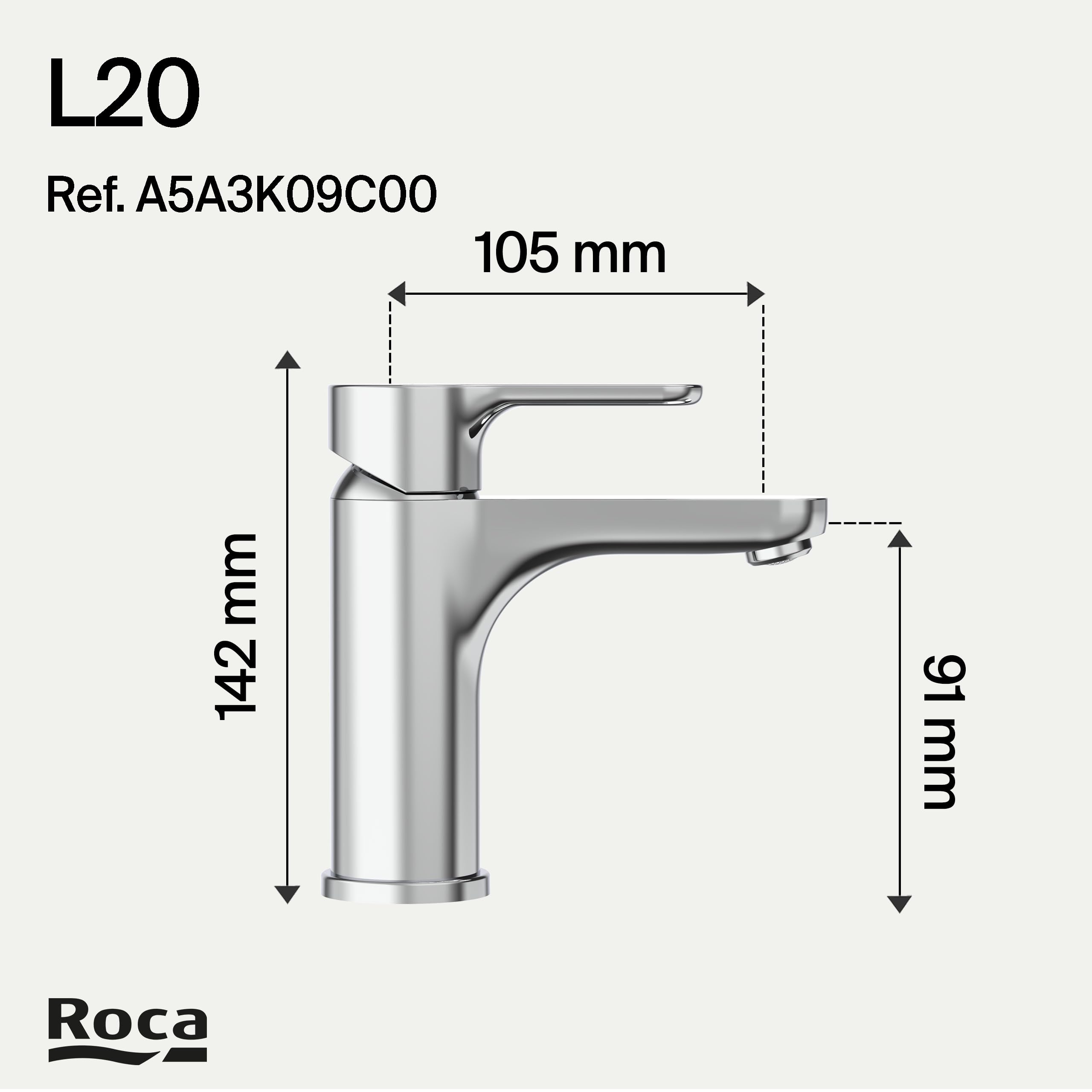 Roca L20 Grifería para lavabo con tecnología Cold Start, grifo monomando de repisa con enlaces de alimentación flexibles, mezclador para cuarto de baño de fácil instalación, cromado, A5A3K09C00