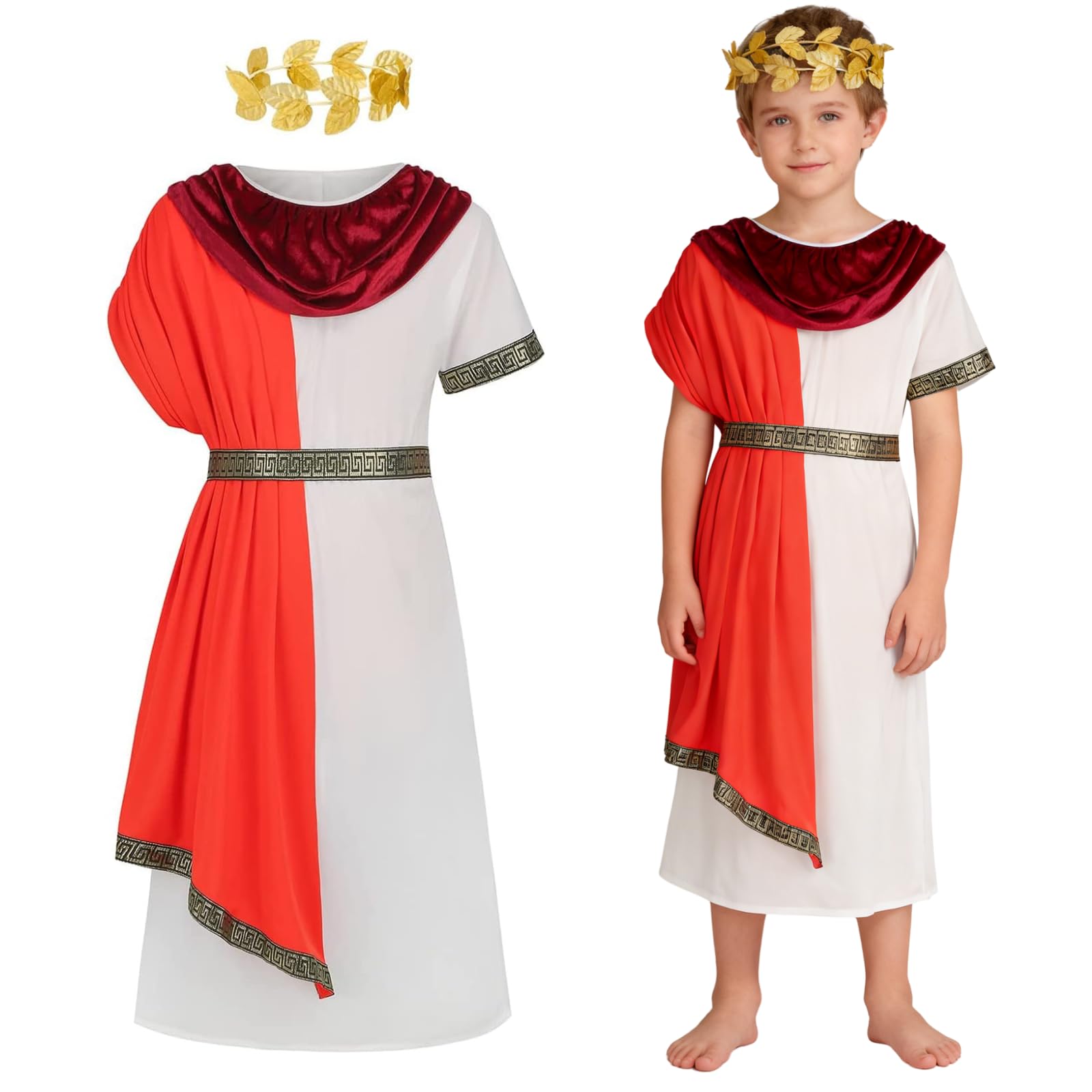 – Deluxe Roman Toga Costume for Kids, Ancient Greek Costume for Boys/Girls, Halloween Greek Day World Book Day Fancy Dress with Red Robe Tiara Belt