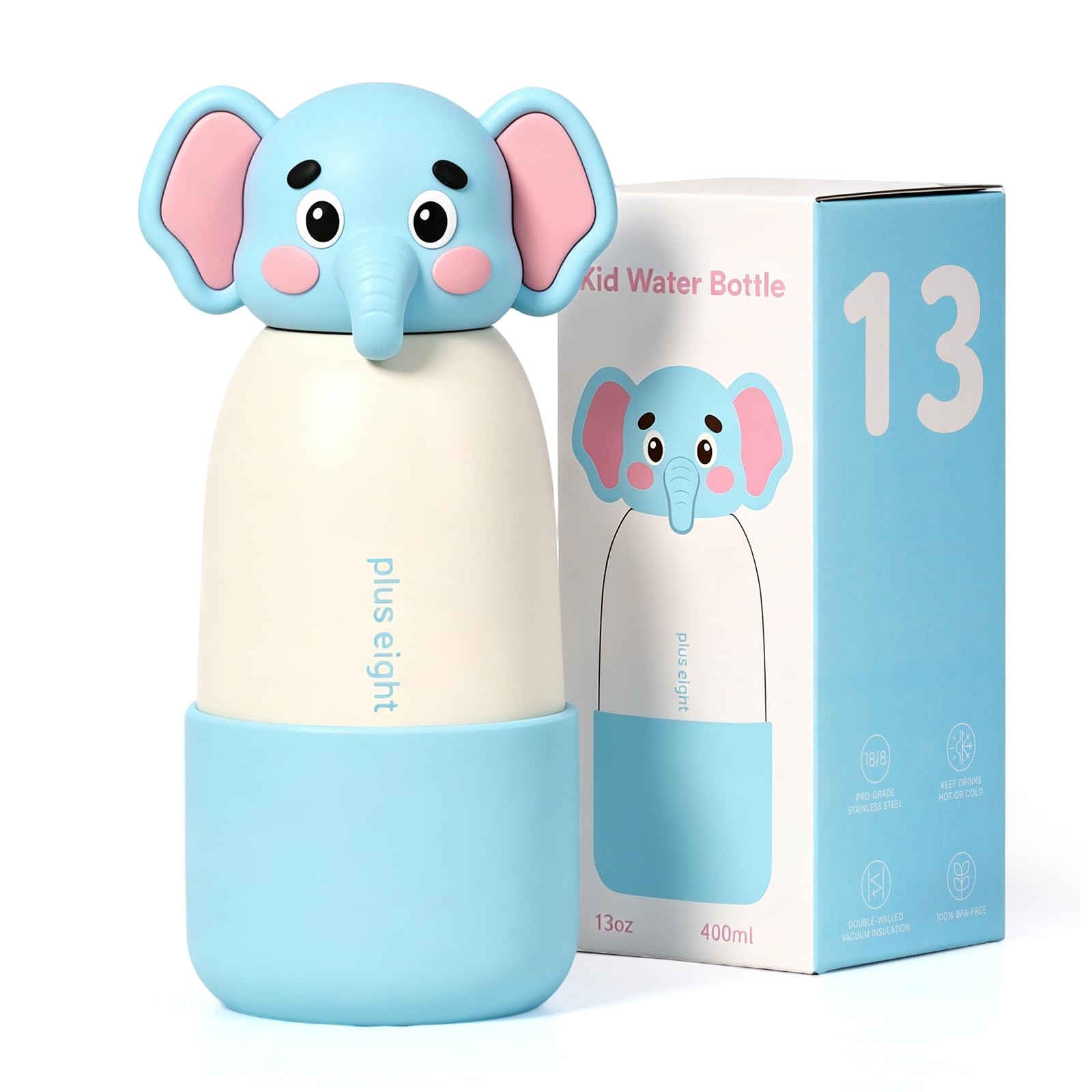pluseight Kids Insulated Water Bottle with Straw Lid, 400ml/13oz Stainless Steel Water Bottle with Non-Slip Silicone Base for Sports, Gym or Office (Elephant)