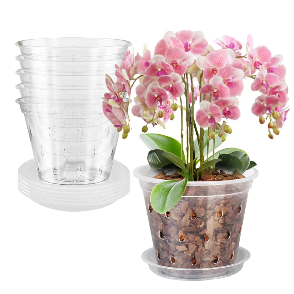 Skikhn Clear 17Cm Orchid Pot,5 Pack Plastic Plant Pots With Drainage Hole And Tray,House Plant Pots Nursery Pots For Orchid Repotting Kit,Breathable Slotted Seed Seedling Pots For Root Growing