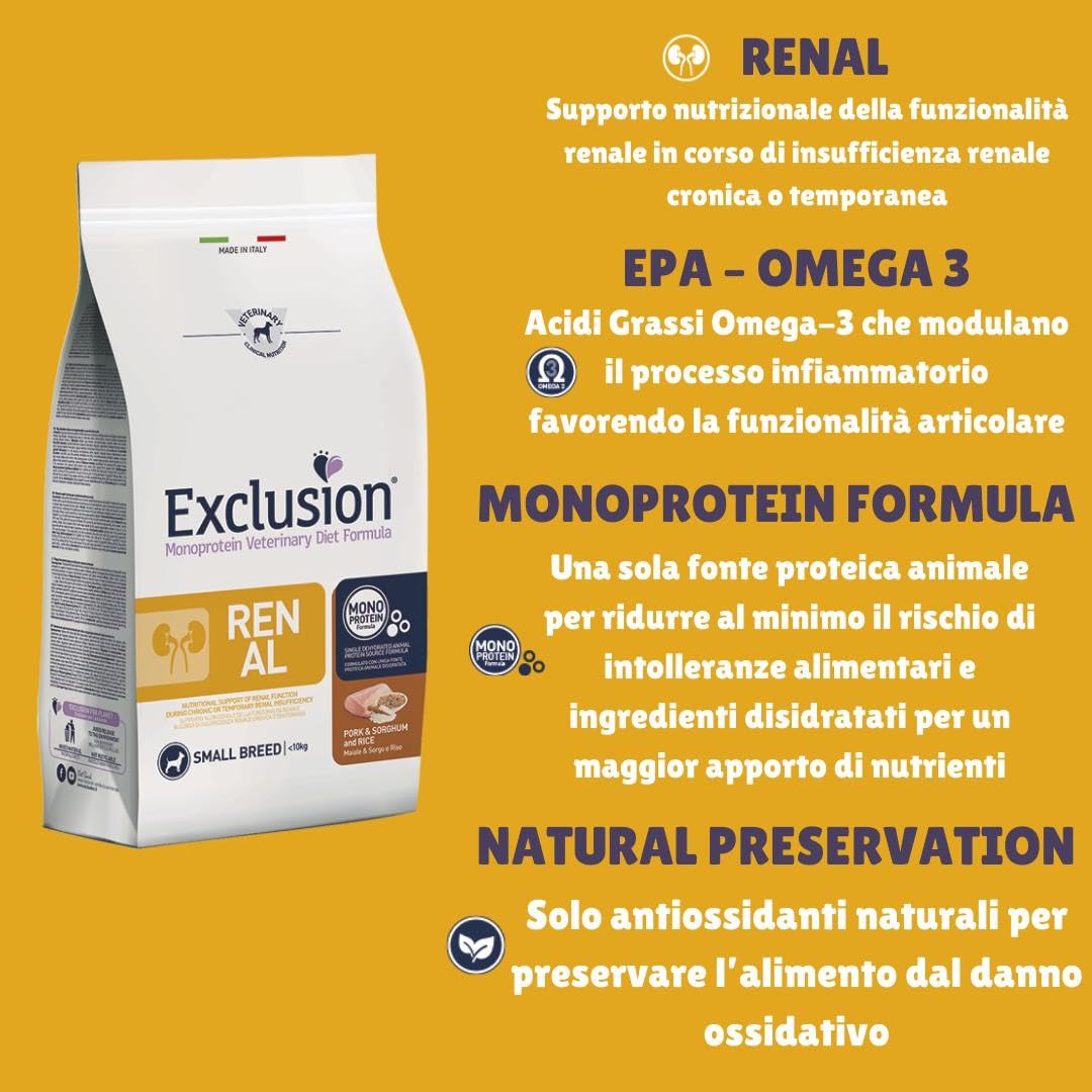 Exclusion Renal - Alimento dietético para perros adultos de talla pequeña con insuficiencia renal, sabor cerdo, sorgo y arroz, 2 kg