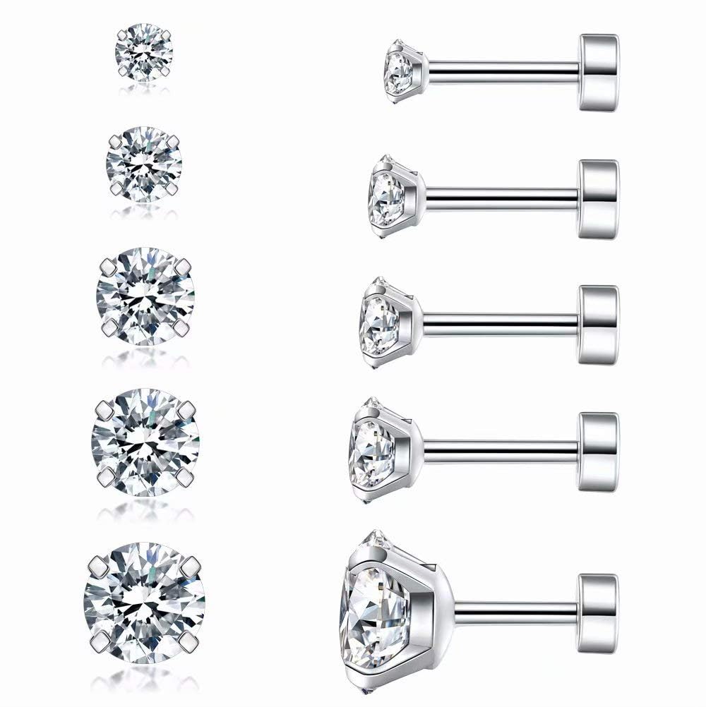 DuomamaCubic Zirconia Stud Earrings - 5 Pairs for Women, Men, and Girls. Surgical Steel Helix Earrings with Statement and Cartilage Fashion