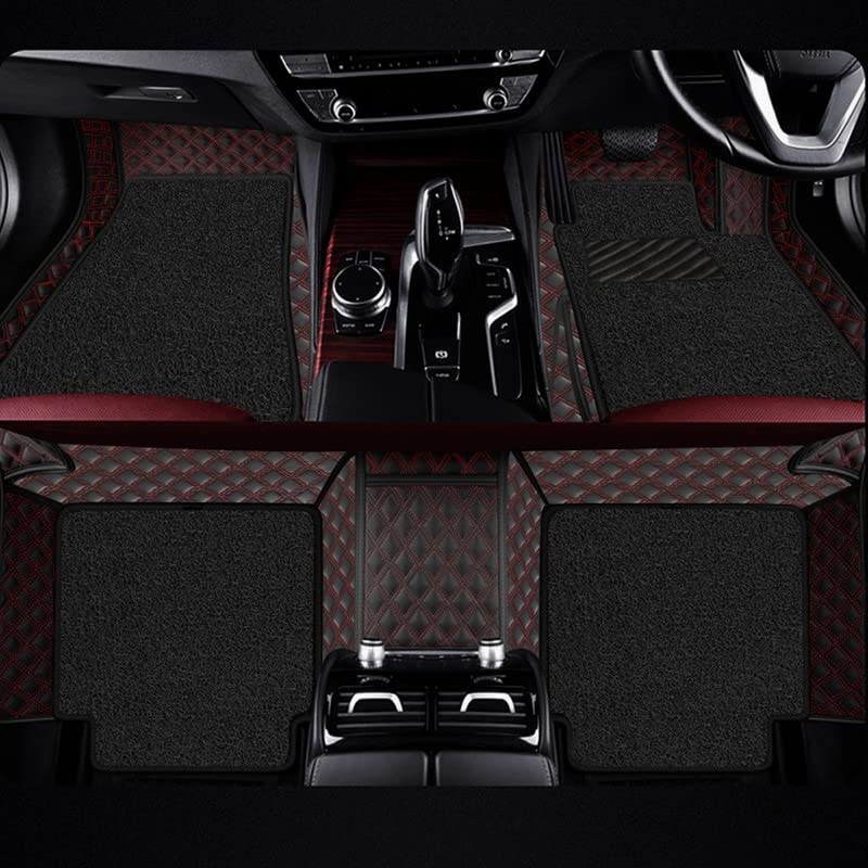 Premium 7D Car Floor Mat Full Set for Toyota Land Cruiser LC 300 2023 | Luxury Leather with Detachable Grass Car Foot Mat with Heal Pad | 100% Waterproof & Anti-Skid (Black Red, Black Curly)