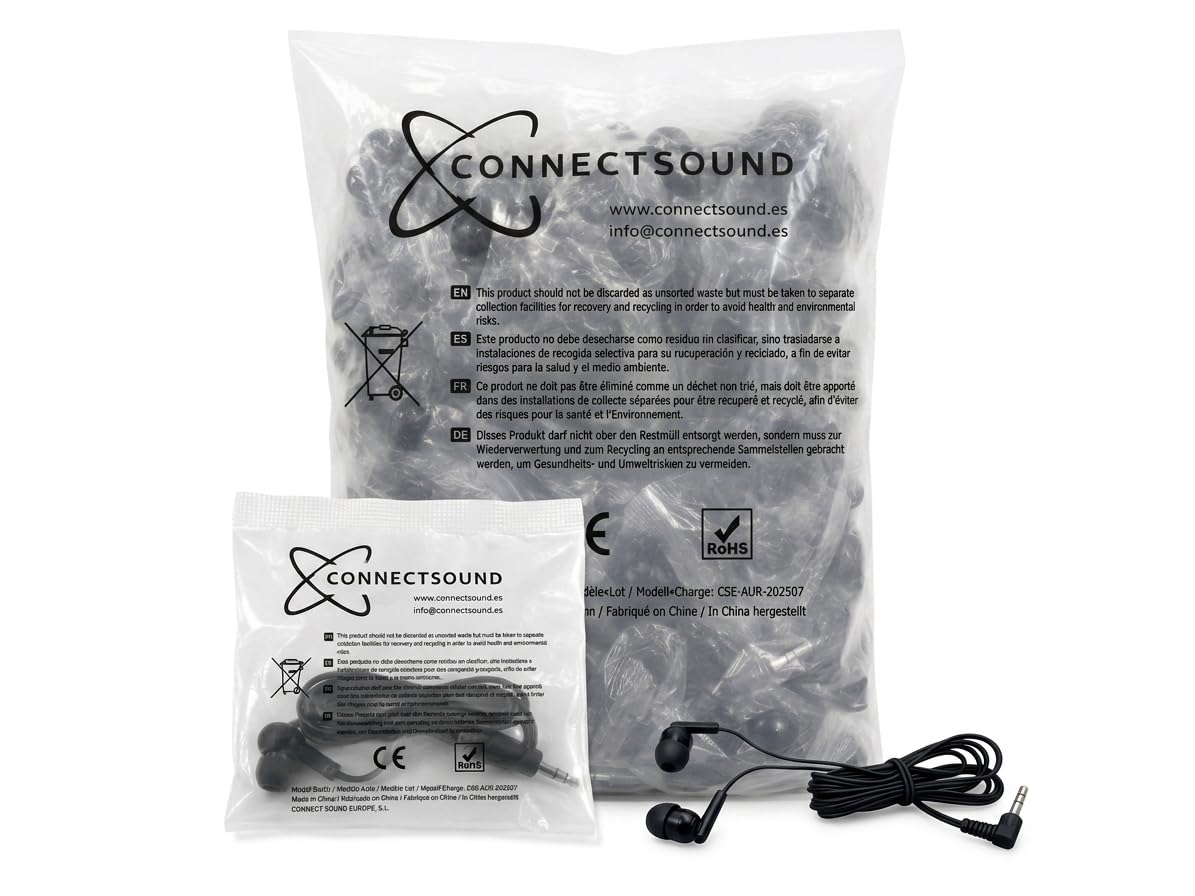 Auriculares Desechables Éstereo negros Jack 3.5 mm Bolsa 100 Unidades