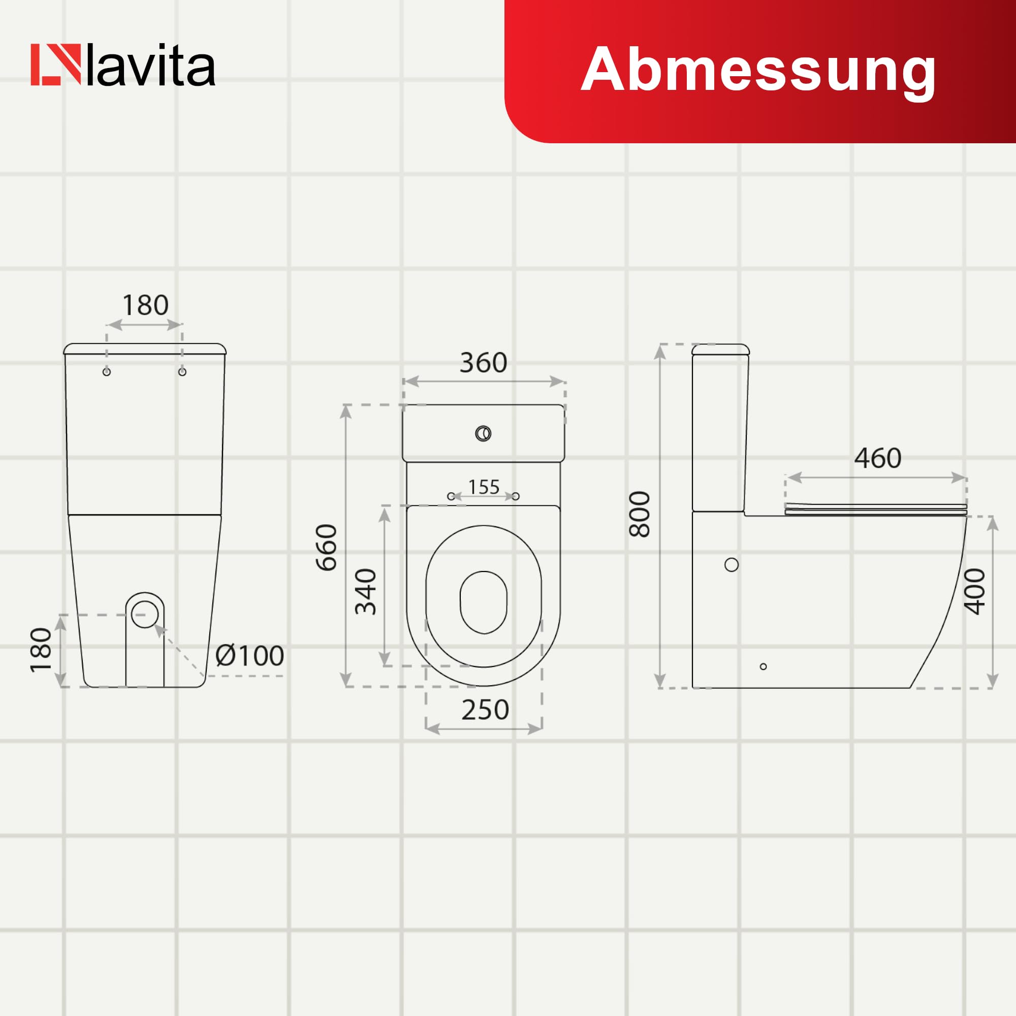 LAVITA WC monoblocco con cassetta di scarico integrata RUNSON WHITE | Set completo | Coperchio WC con chiusura ammortizzata | WC in ceramica senza brida | Vaso WC | Sistema di scarico TORNADO