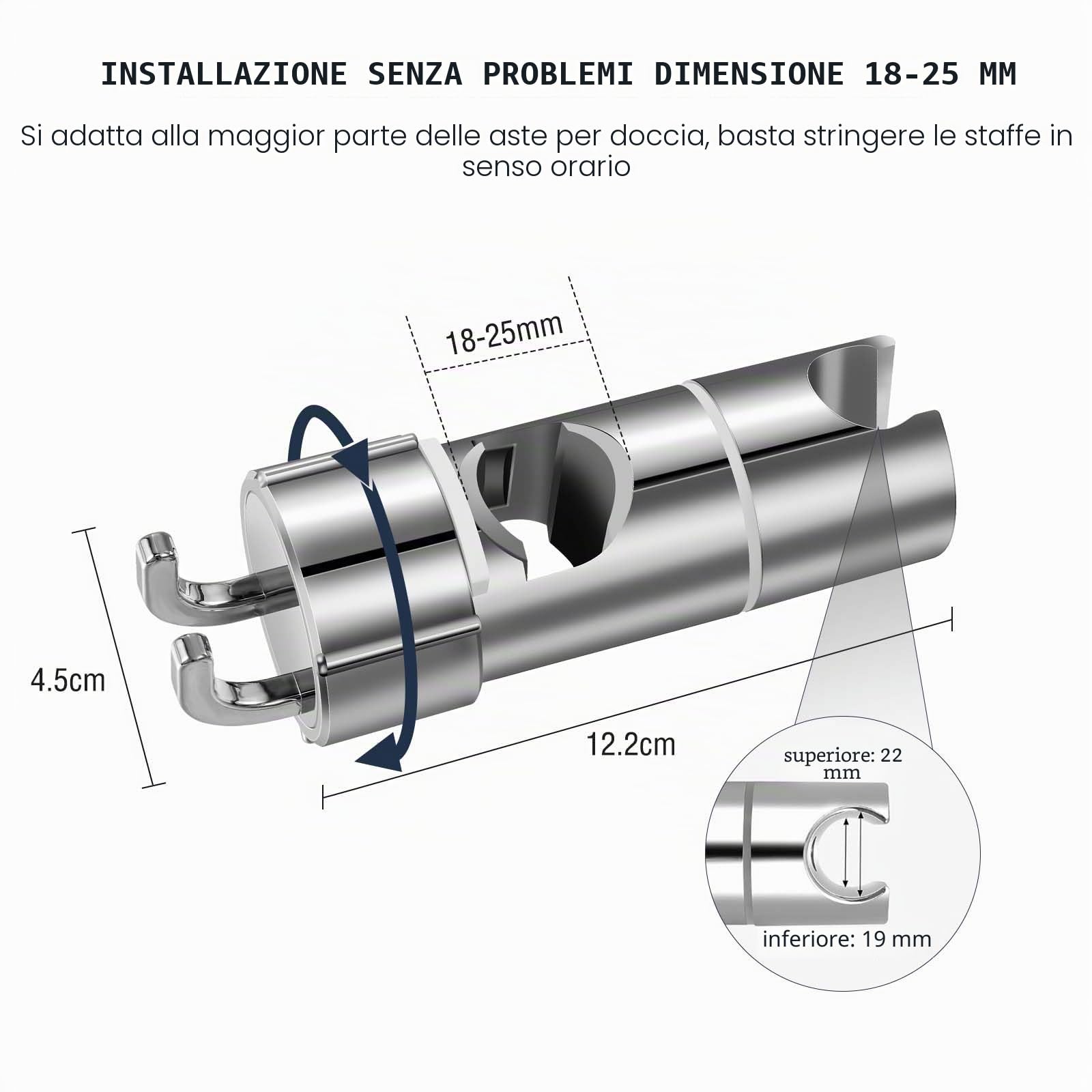 Vinabo Supporto Soffione Doccia, Supporto Doccia Senza Foratura, 18-25 mm, Diametro Regolabile, Supporto Doccetta con Gancio, Installazione Semplice