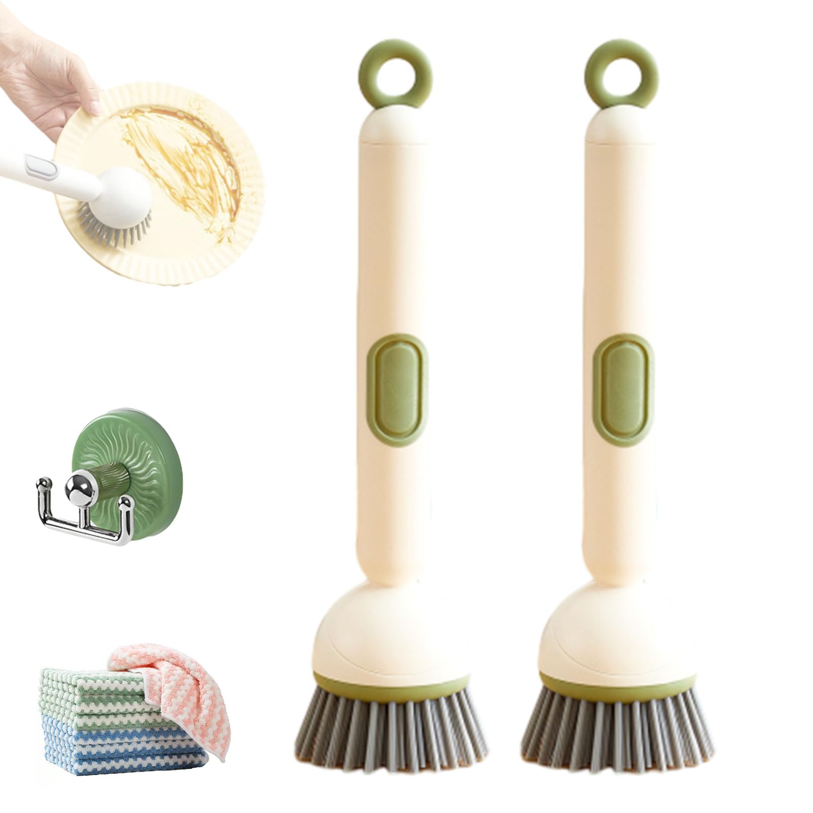 6-in-1 Rotatable Dish Brush with Detergent Dispenser, 360° Dish Scrub Brush with Soap Dispenser, Angle-Adjustable PET Bristles for Efficient Cleaning Pots, Pans, Tableware, Cookware (2 Pieces-Green)