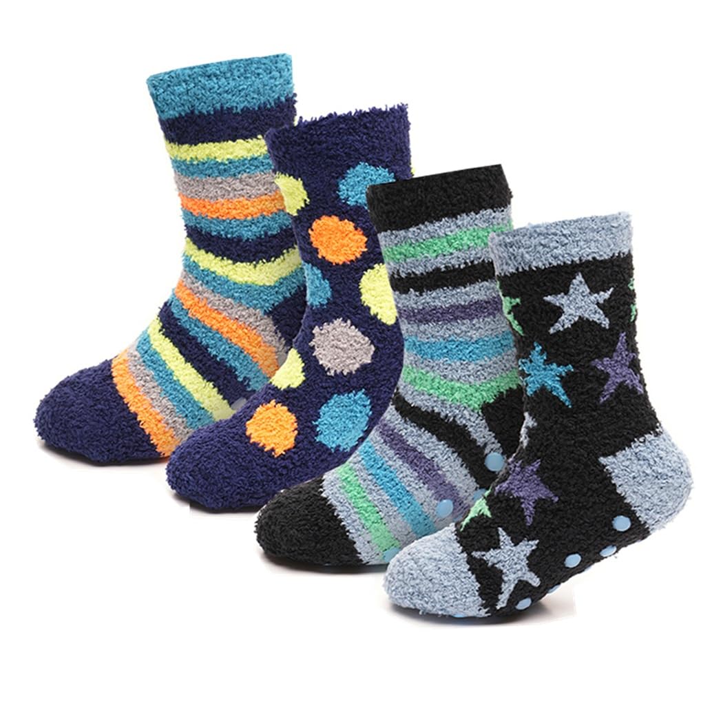 OnlyBee 4 Pairs of Boys Kids Fluffy Thermal Socks with Non-Skid Slip Gripper Base Bed Sock Soft Fuzzy Cosy UK (UK, Age, 2 Years, 3 Years, Regular, Multicolour)