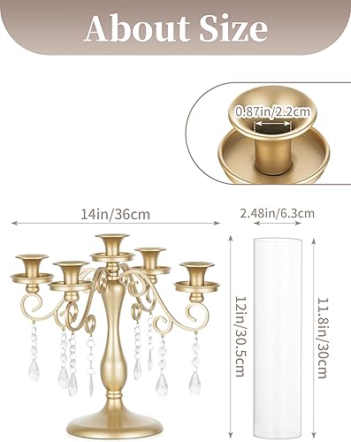 Miniatura 5 de Sziqiqi Candelabro dorado Candelabro 5 brazos vintage Candelabros de mesa de boda para mesa - Candelabros Candelabros con cristal de huracán para