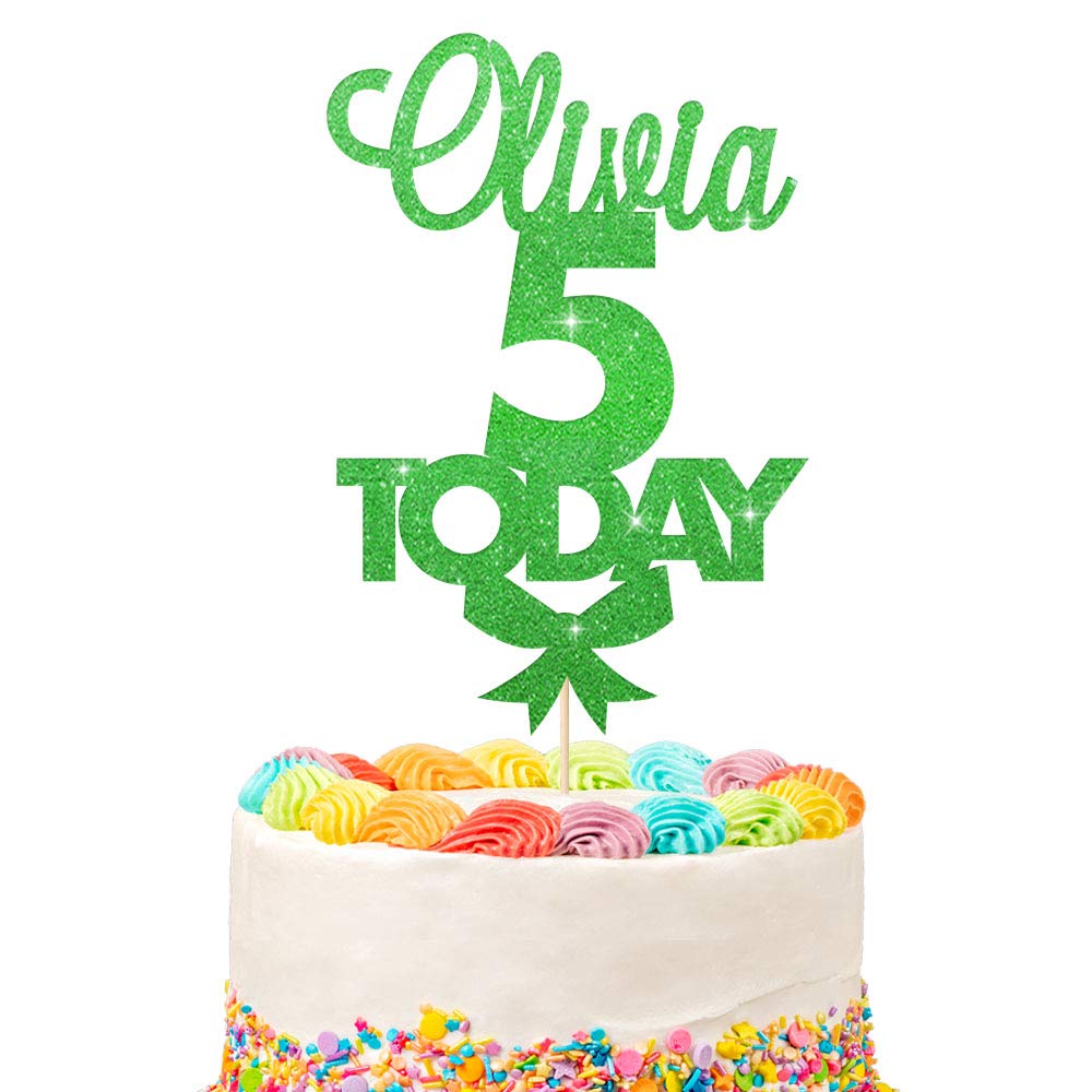 Customised Birthday Cake Topper | Personalised Any Name Age Today Daughter girl boy With Glitter bow | Multicoloured Non-Shed Double Sided Glitter | Green