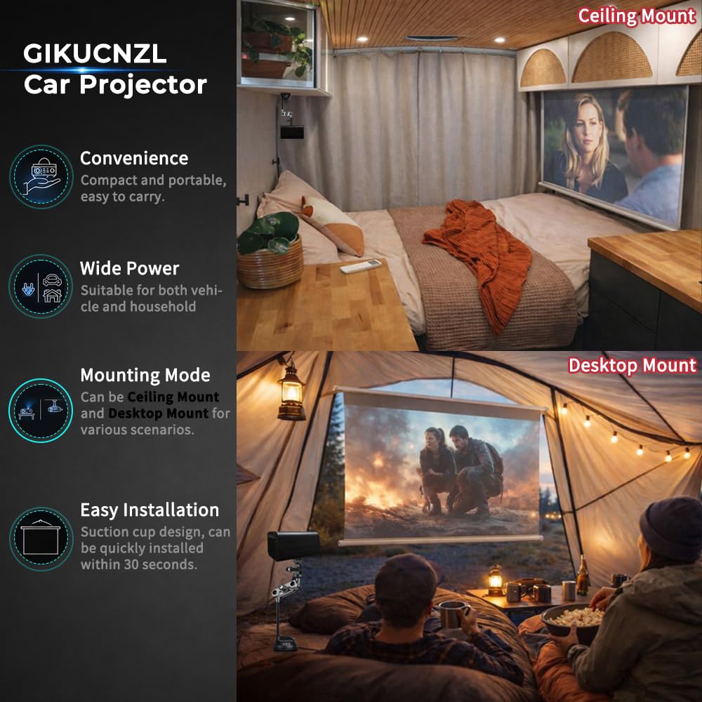 Proiettore per auto, mini proiettore portatile per esterni con schermo da 9,1 m (16:9), supporta 4K HD, ideale per auto, viaggi e serate cinematografiche all'aperto