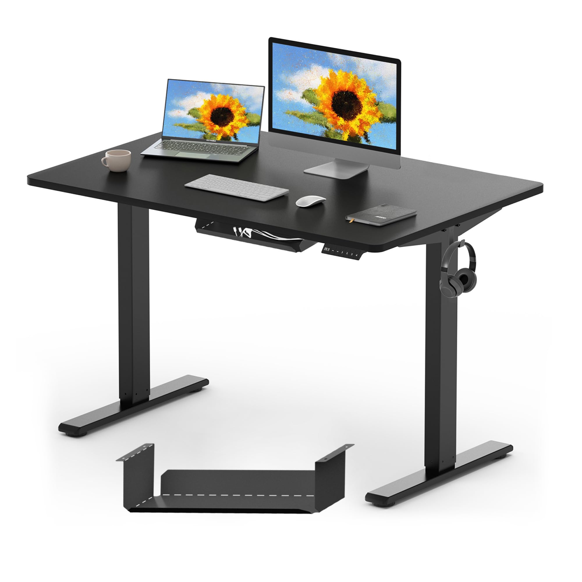 FLEXISPOT ONE PIECE Electric Standing Desk Height Adjustable Desk Sit Stand Desk with 4 Memory Smart Pannel and Backpack Hook for Home Office, 120 x 60cm Black — image 1