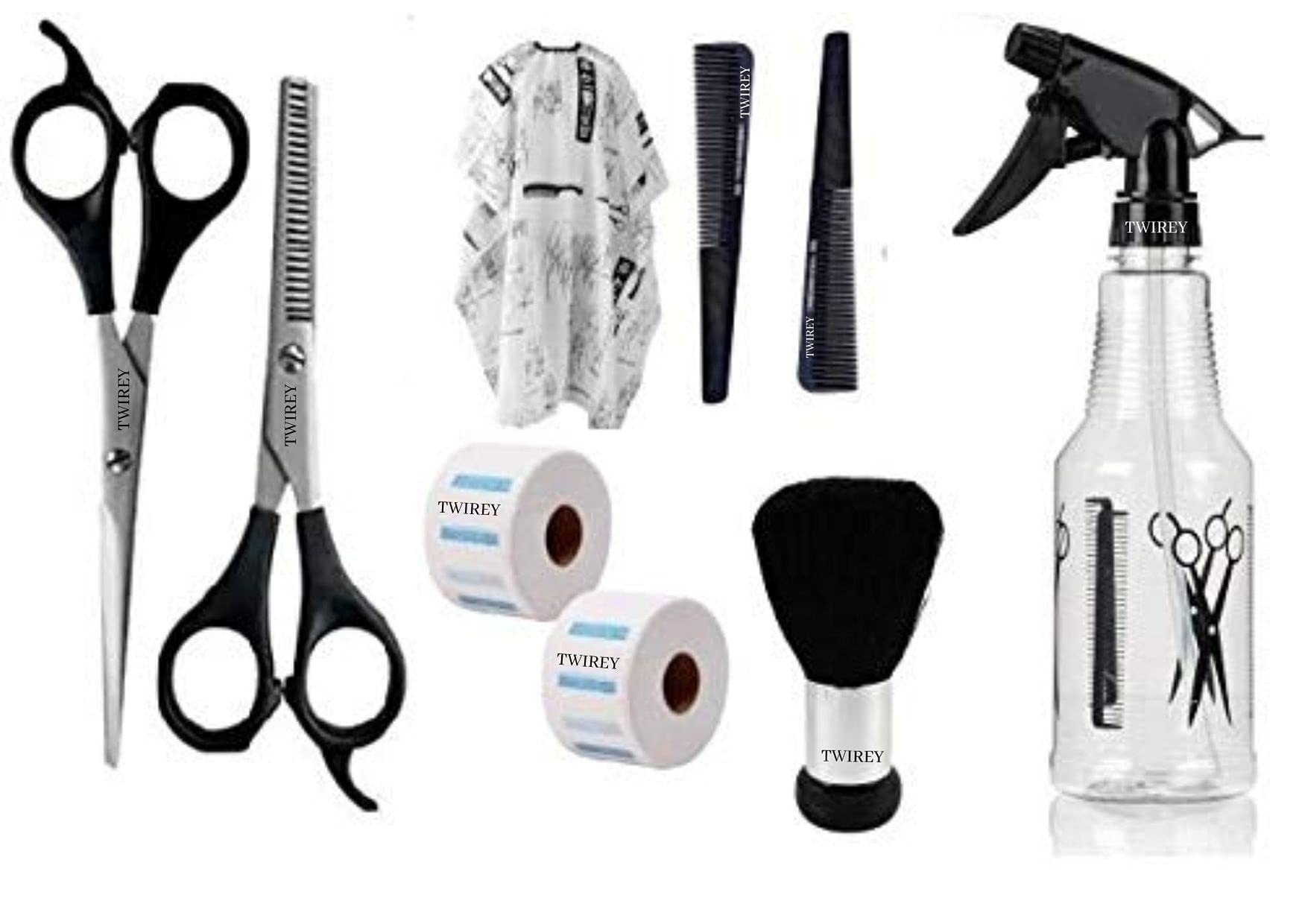 9In1 Professional Parlour Cutting Set(hair cutting scissorS + Thinning scissor+ Hair Cutting Sheet Apron + Neck Face Duster Brush + Comb +Spray bottle+ neck roll) (PACK OF 9)-image-37