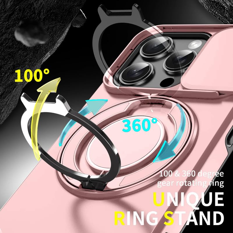 Image of LuxuryKase Shockproof Rugged Case for iPhone 15 Pro | Slide Camera Cover | 360 Rotating Ring Kickstand | Military-Grade Protection - Rose Pink
