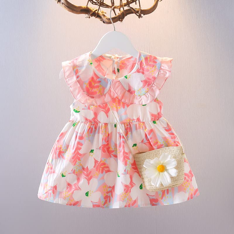 Image of Bold N Elegant Sleeveless Cotton Floral Print Party Knee Length Dress Frock with Bag Purse for Infant Toddler Baby Girl's
