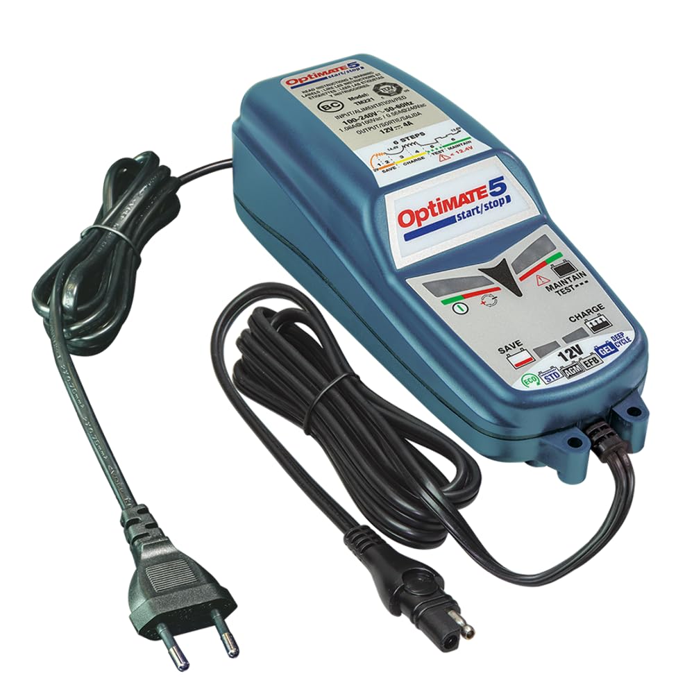 OptiMate 5 Start-​Stop Caricatore 12V con Mantenimento – Dispositivo Automatico 6 Fasi 4A per Batterie AGM GEL EFB STD – Ideale Veicoli Sistema Avviamento – Resistente Sicuro