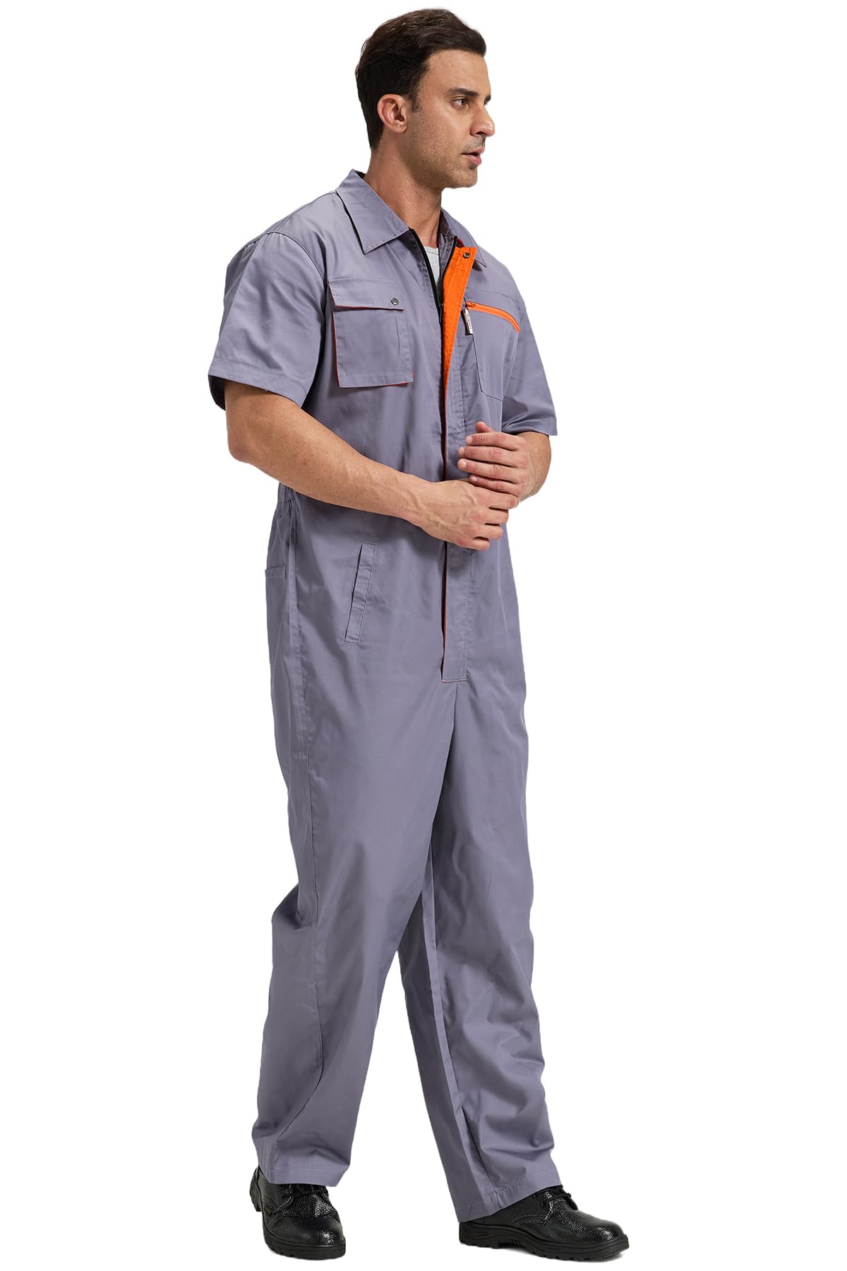 Męski zamek błyskawiczny z przodu kombinezon boilersuit ochronny odzież robocza kombinezony krótkie rękawy bojler garnitur z elastyczną talią wytrzymały funkcjonalny pokrowiec kontrastowy kolor, szary/królewski błękit