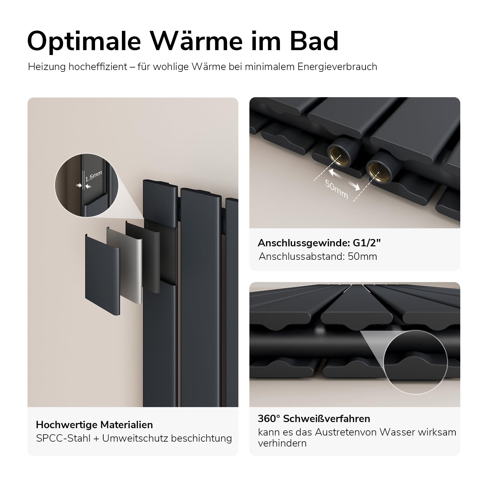 EMKE Design Heizkörper Klein 900x304 mm Vertikal Flachheizkörper mit Mittelanschluss, Doppellagig Paneelheizkörper Wandheizkörper für Bad, Schlafzimmer & Wohnzimmer, Anthrazit 559W