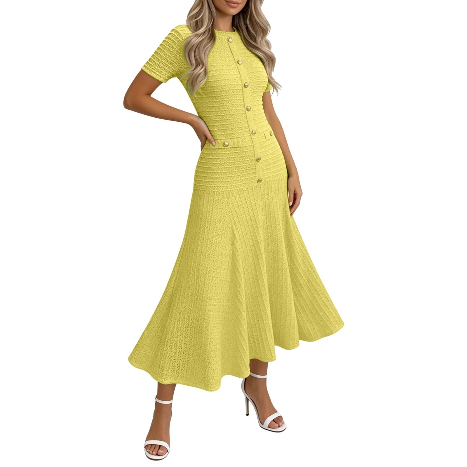 2026 Jupe mi-Longue décontractée à Manches Courtes col Rond Boutons Motifs pour Femme élégante Tenue Quotidienne Bureau Vacances période printanière automnale