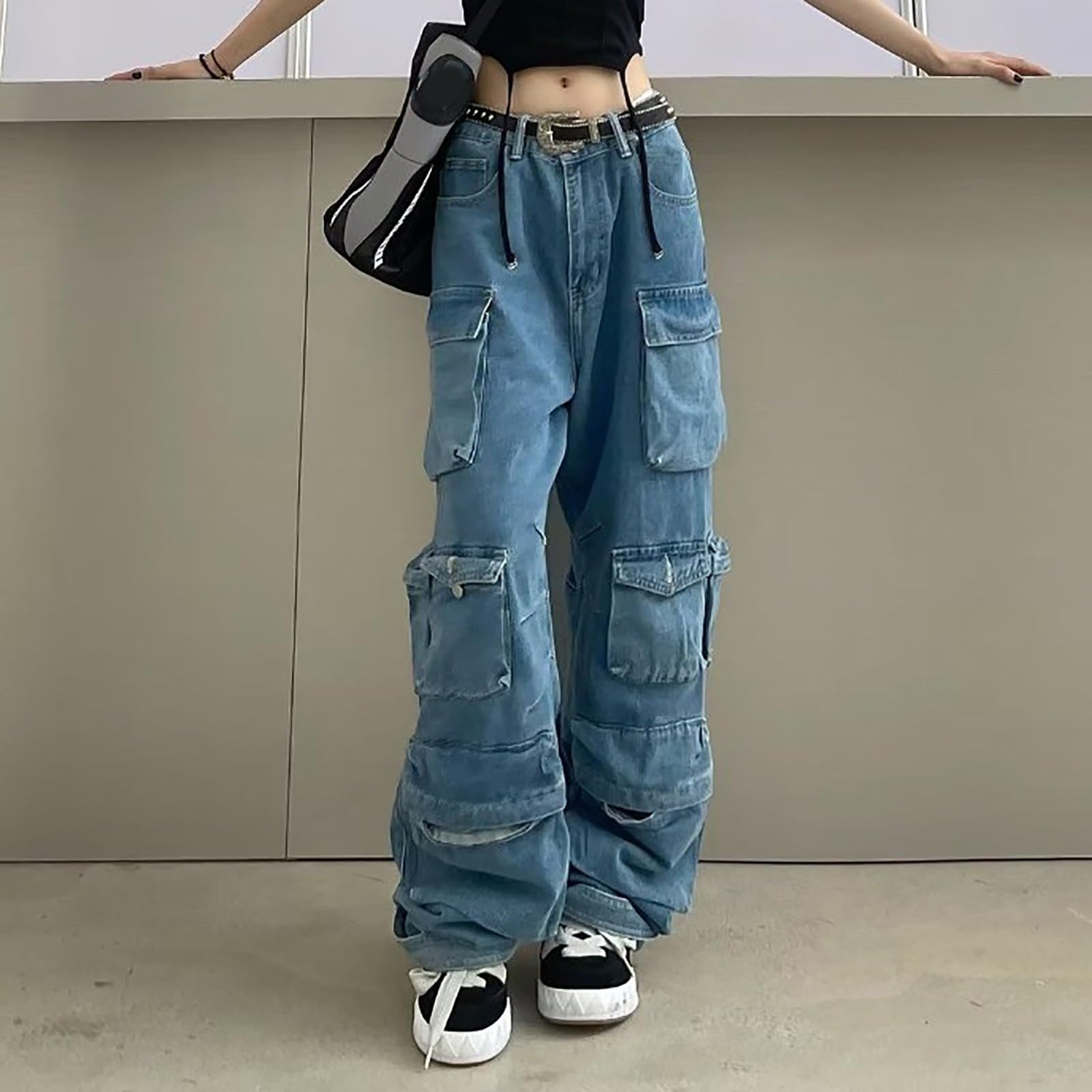 Jeans Donna Gamba Dritta - Jeans Donna Vita Alta Larghi Alta Vita Baggy Larga Pantaloni Diritti Vintage Elasticizzati Casuale Straight Wide Leg Pants Vintage Casuale Harajuku Hiphop Streetwear