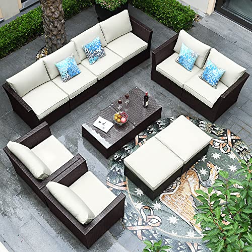 YITAHOME 12 Pieces Patio Furniture Set, Outdoor Sectional Sofa PE Rattan Wicker Conversation Set Outside Couch with Ottoman, Table and Cushions for Porch Lawn Garden Backyard, Brown
