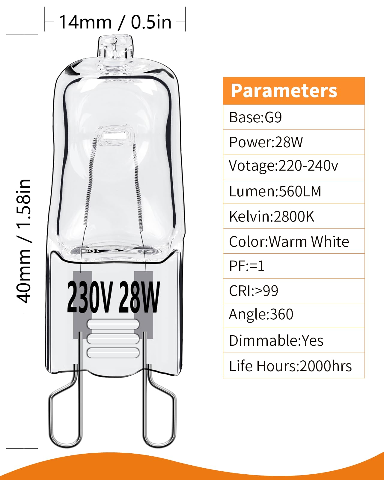 Vanke G9 Halogen Light Bulb 28W, Dimmable Capsule Bulbs Warm White 2800K, Energy Saver No Flicker Bulb, 560 Lumen, 10-Pack - Image 2